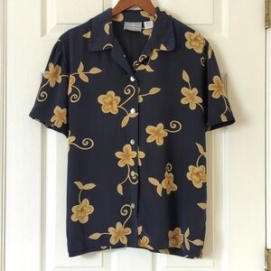 Jaclyn Smith 90's Vintage Silk Floral Short Sleeve Button Down Top Navy Tan M